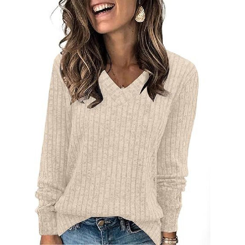 2026 wish women's long-sleeve V-neck ribbed brushed knit top T-shirt