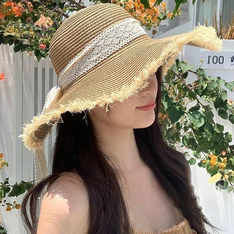Summer New Style Bow Big Brim Straw Hat Women's Sunscreen Sunshade Beach Hat Fashion Rough Edge Bucket Hat
