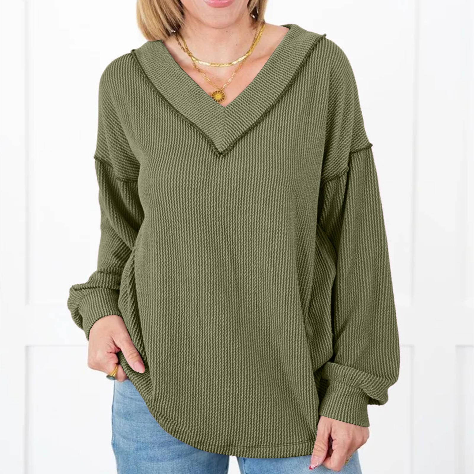 

Women s Loose And Comfortable Casual Fashion V-Neck Solid Color Long Sleeve Knit Top L