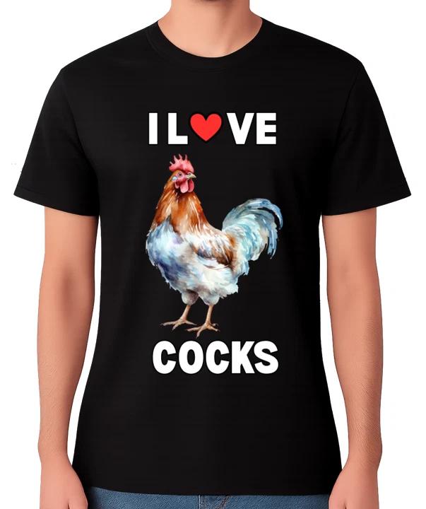 Funny Rooster T-Shirt I Love Cocks Chicken Farm Humour Dick Gift Cock Unisex Tee S