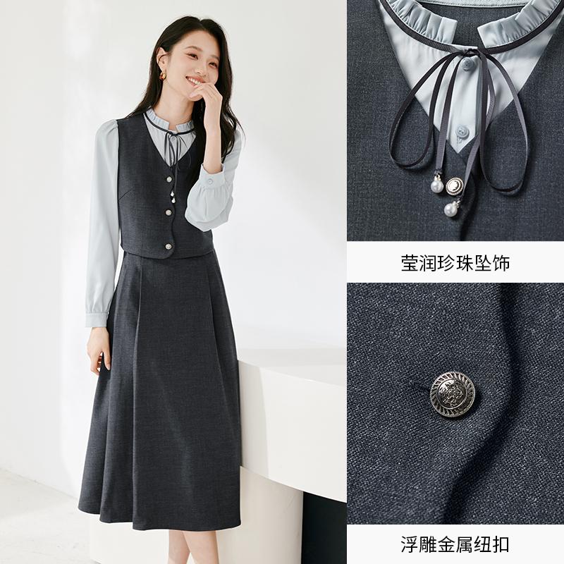 French fake two-piece spliced waist cinching dress