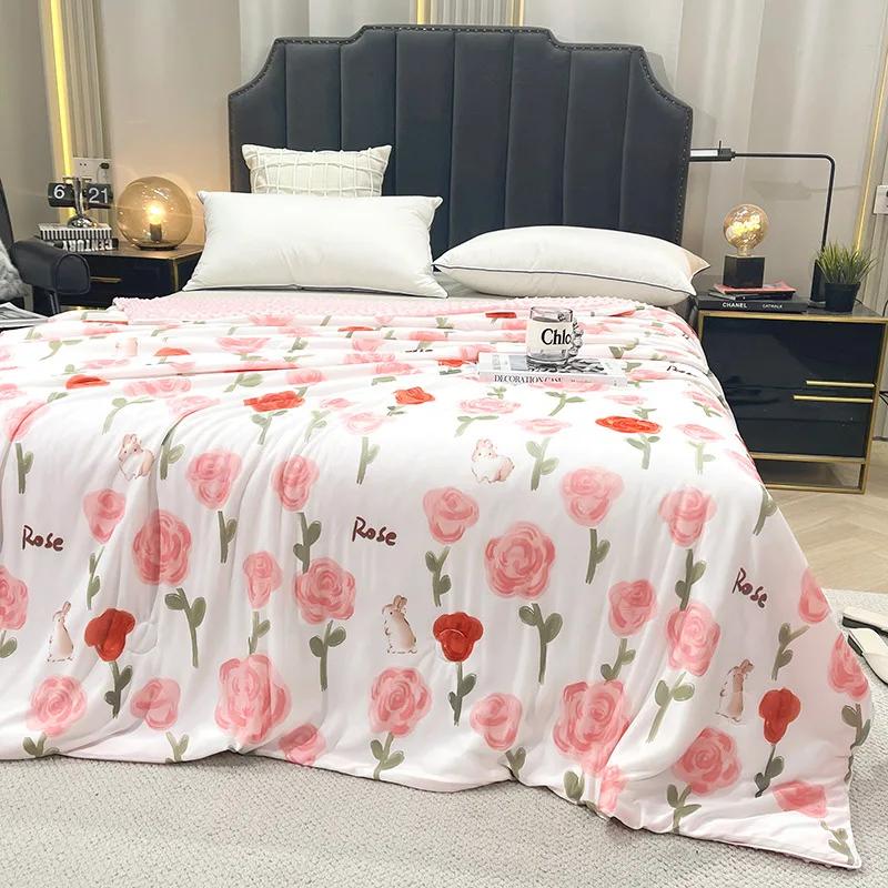 Summer New Summer Blanket Ice Silk Cold Feeling Summer Quilt Cool Feeling Silk Bean Airable Cover Washable Thin Duvet