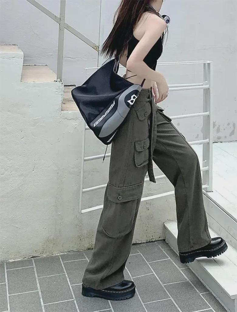 2024 Women's Retro Multi-Pocket Distressed Work Pants: Street-Style Slimming Straight Leg Long Trousers