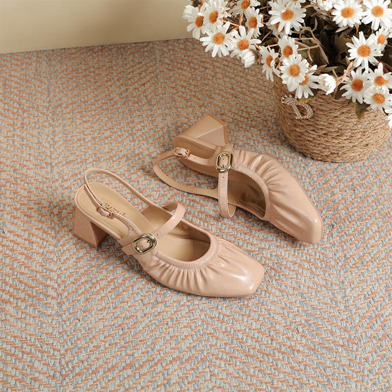 

French empty sandals women s summer wear 2025 new fairy style thick heel pleated Mary Jane with high heels 40 телесный