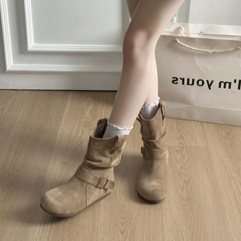 Maillard khaki retro flat bottom inner heightening stack boots women's 2025 new autumn with skirt Birkenstock short boots