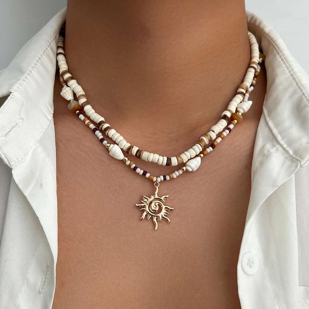 PuRui Bohemia 4 Styles Sun Coconut Husk Pendant Necklace Men Plastic Acrylic CCB Beads 2025 Summer Beach Vacation Zircon Gift