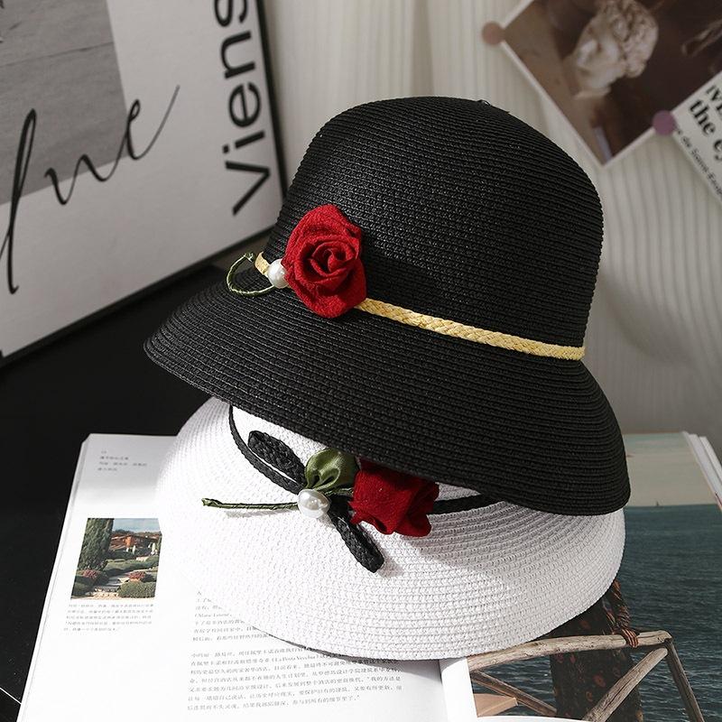 Elegant Temperament, Rose grass Woven Sun Hat, Fisherman's Hat, Children's 2025 Spring New Wide Brimmed Face Covering Hat