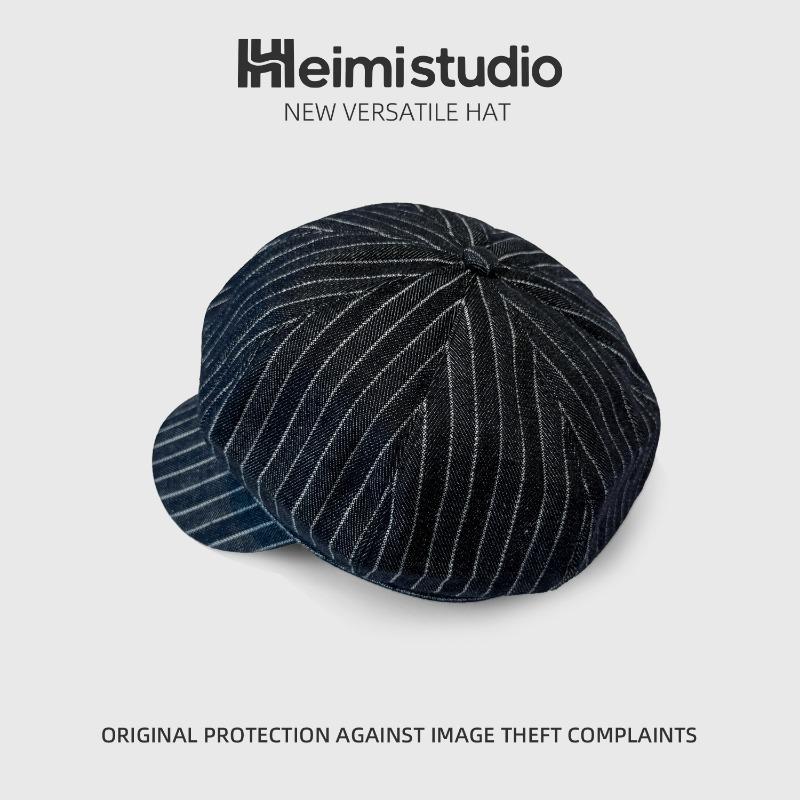 25 Early autumn new striped navy blue versatile octagonal hat women's big head circumference showing face small painter hat