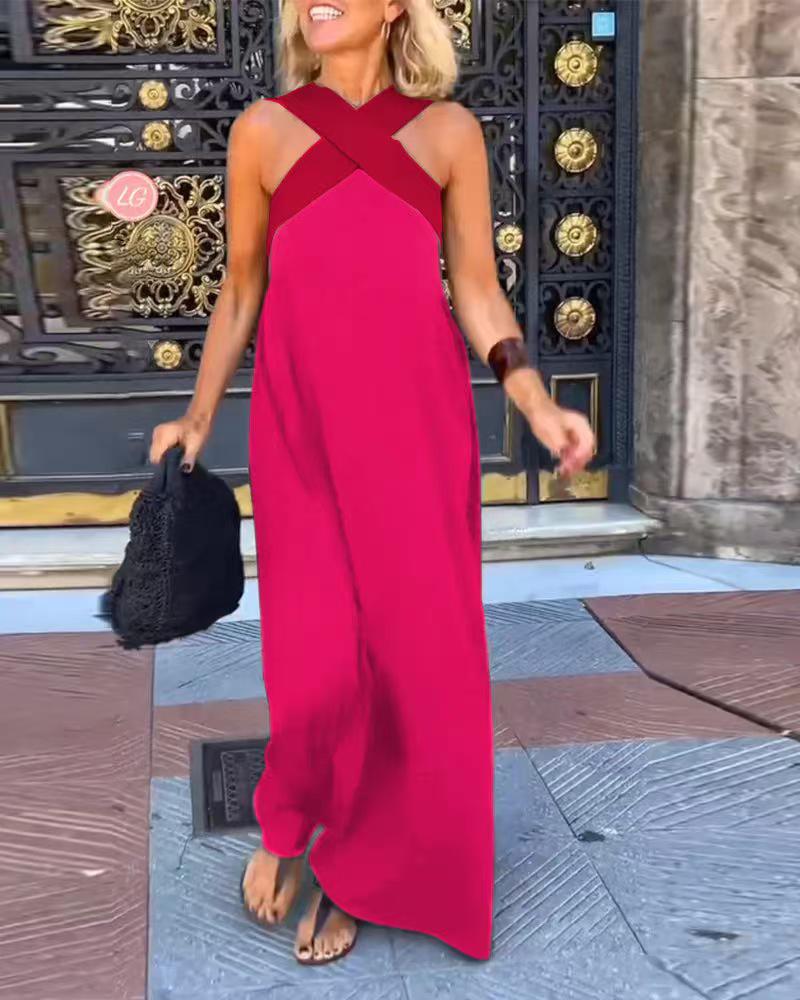 2026 Cross-Border European American Fashion Patchwork Strapless Halterneck Vacation Dress
