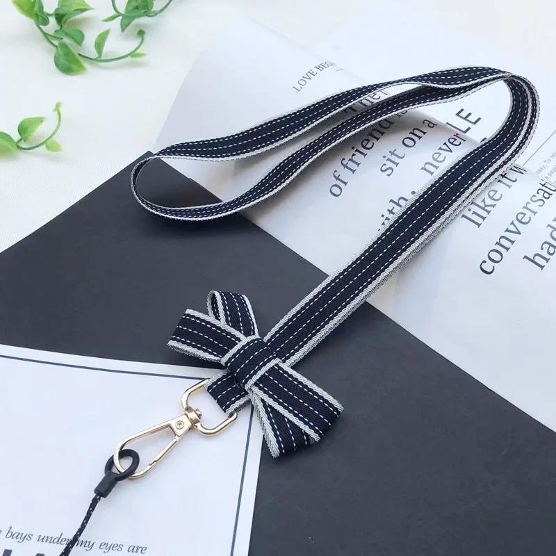 Chic Casual Striped Bow Girl Mobile Phone Lanyard Portable Mini Fan Camera Key Neck Strap Office Work ID Card Holder Rope