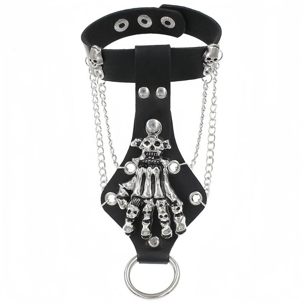 Solid Color PU Leather Bracelet Adjustable Wide Chain Bracelet Dark Style Skull Wristband Unisex