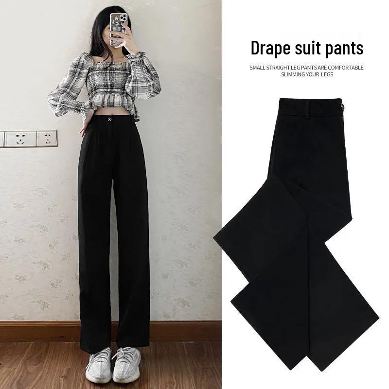 Women's Summer Wide-Leg Drape Pants - Black Straight Trousers