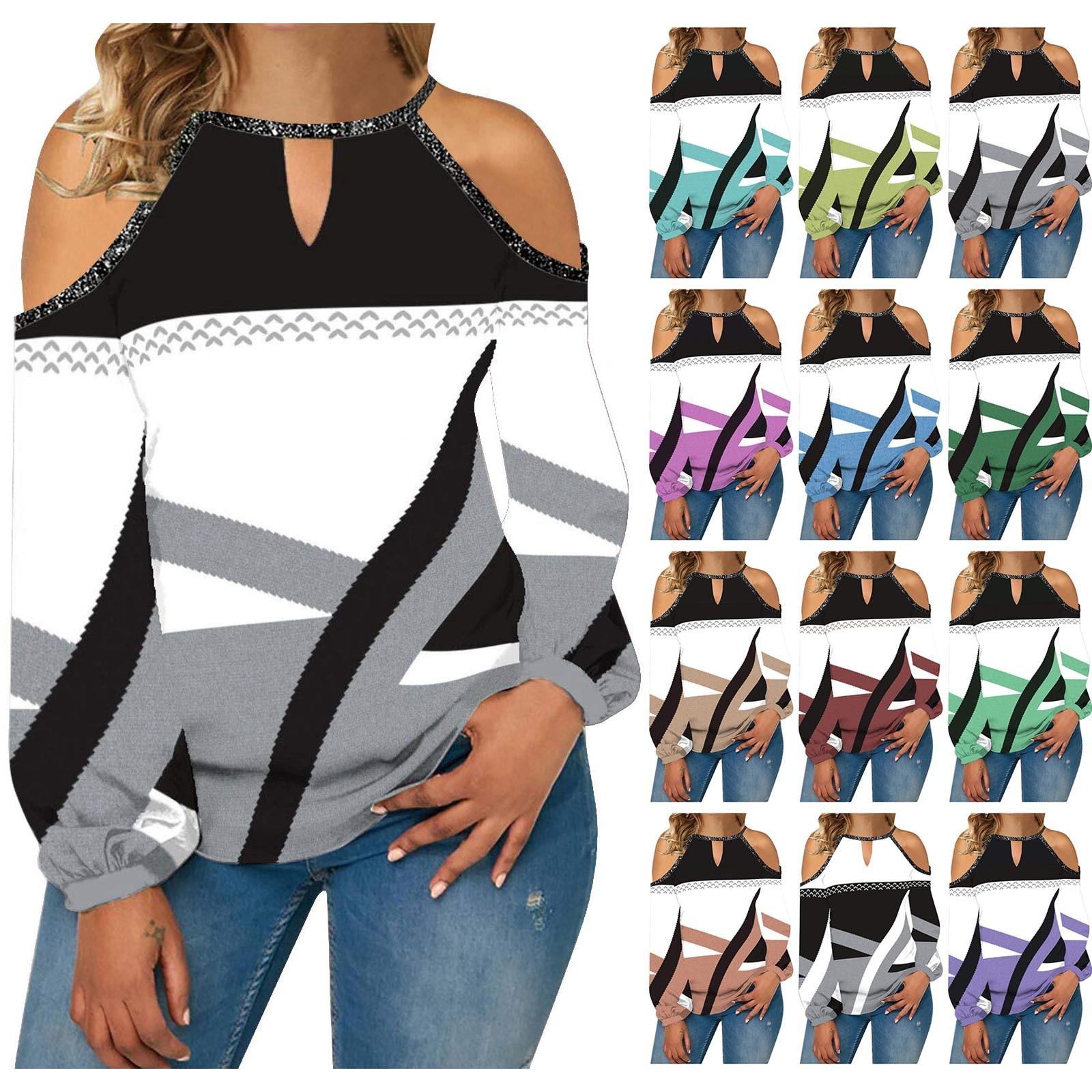 

Женская мода, повседневная темпераментная футболка с круглым вырезом и открытыми плечами, нерегулярный цвет, футболка с длинными рукавами, топ