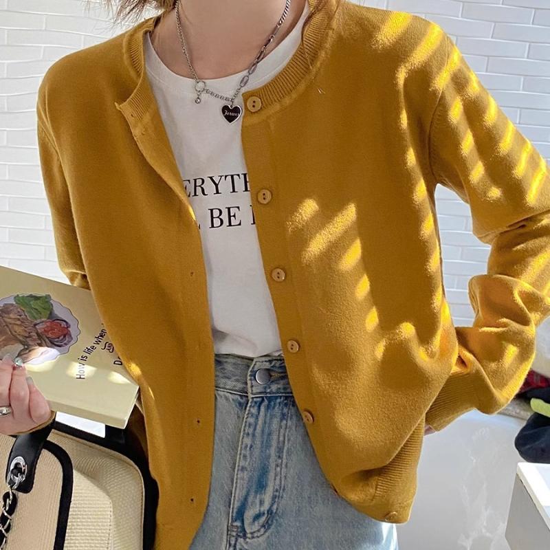 

Женский вязаный кардиган с длинным рукавом на весну-лето, корейский свободный приталенный свитер, верхняя одежда One size жёлтый