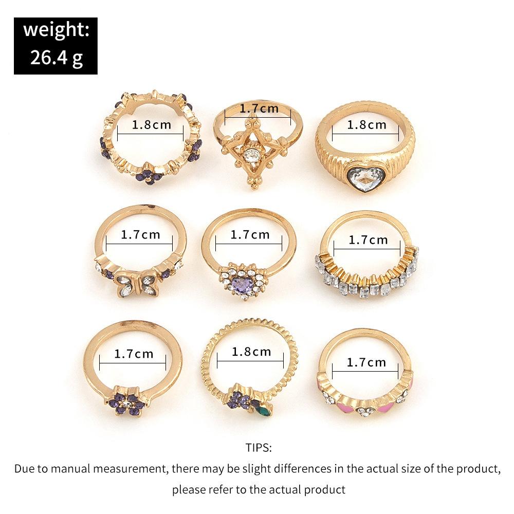 S/Set Tide Pink Love Heart Butterfly Purple Drill Grapes Flower Geometry Rings Sets For Women Originality Ring Party Jewelry