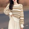 Autumn 2025 Korean Striped Round Neck Loose Knit Sweater for Women