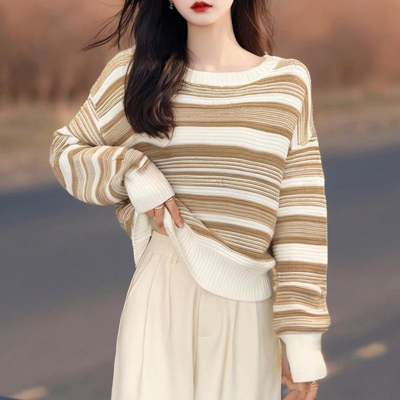 Autumn 2025 Korean Striped Round Neck Loose Knit Sweater for Women