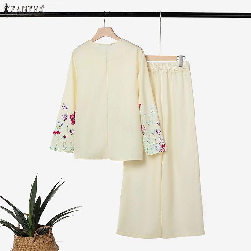 ZANZEA Women Long Sleeve Blouse and Long Pants Floral Print Casual Two Piece Sets