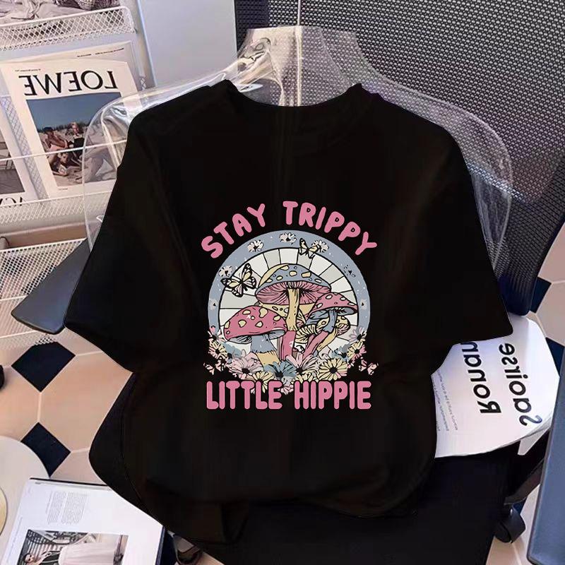 European Black Cotton Short-sleeved T-shirt Women's New Summer Loose Cartoon Printed Front Shoulder T-shirt Top