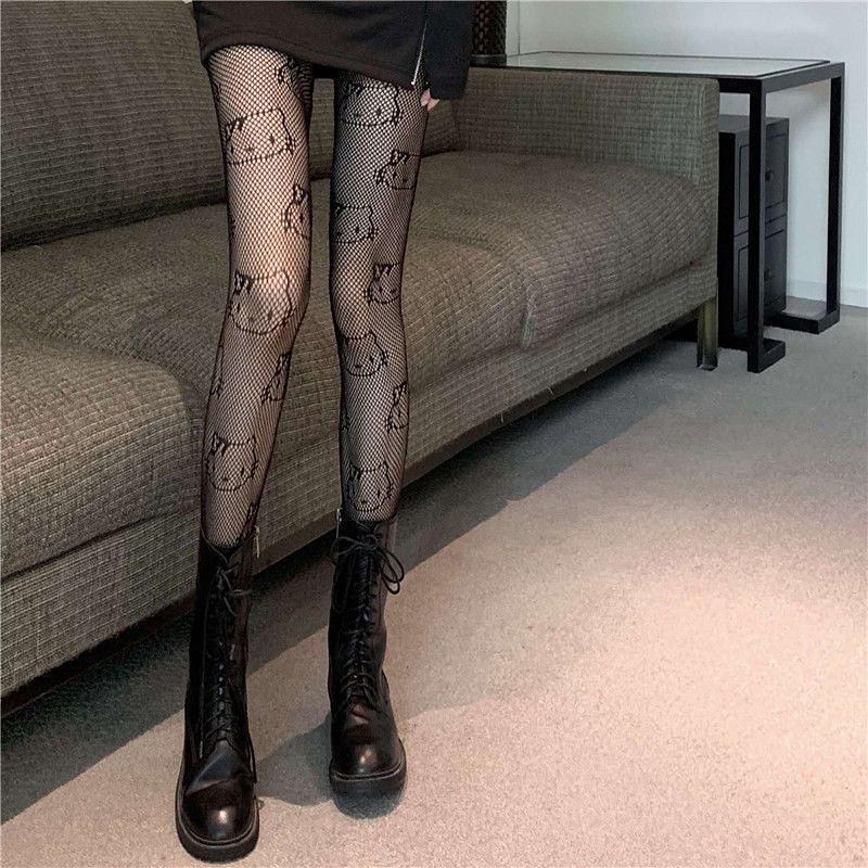 Kitty Y2K Harajuku Black Cat Fishnet Stockings with Hollowed-Out Design