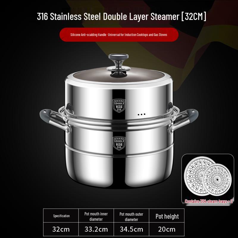 Visible Lid 316L Stainless Steel Steamer Pot with Extra Thick Anti-scalding Design and Double Three-Layer Steaming Basket