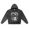 DTG Print Knitted Denim Zip-Up Hoodie Angel Streetwear Brother Print Zipper Hoodies  
