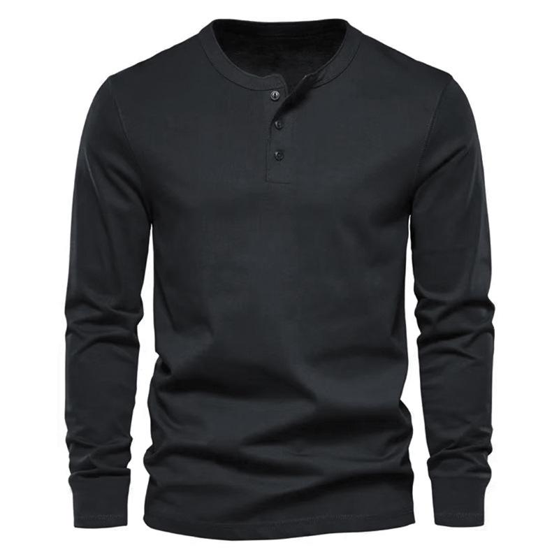 2026 European Men's Solid Color Round Neck Henley T-Shirt Long Sleeve Casual Sports Base Layer