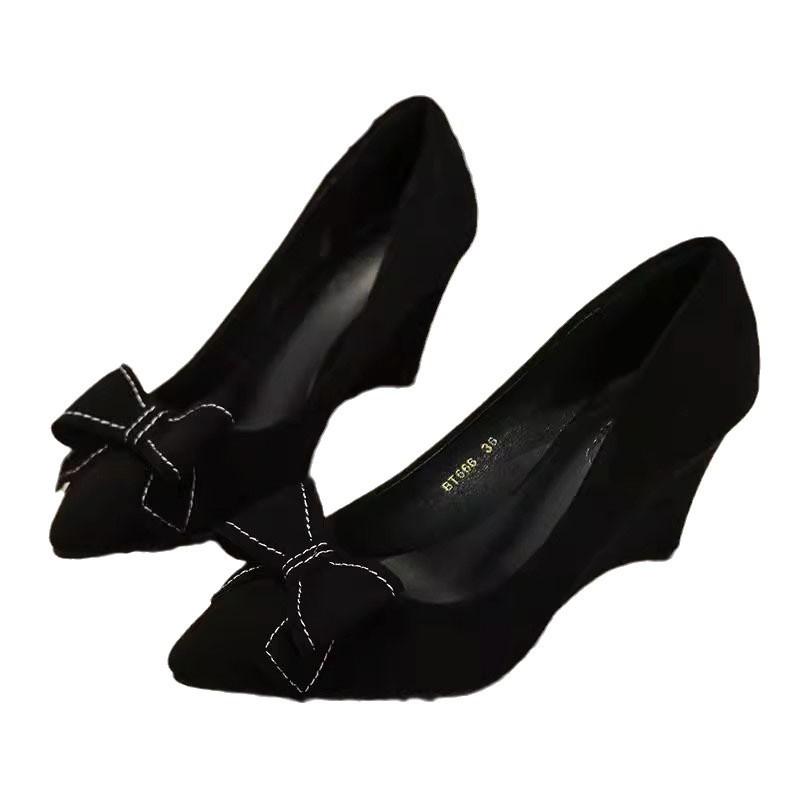 Fashion 35-43 Fashion Wedges Shoes Women Black Sexy High Heels Pointed Toe Square Buckle Rhinestone Career Work Shoes Tacones Mujer