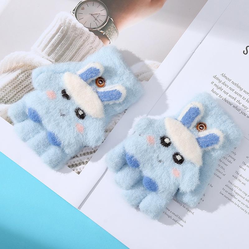 Cartoon Niedliche Kinder Halbfinger Klappbare Warme Handschuhe für Herbst und Winter Kälteschutz und Verdickt Baby Mädchen Schreiben und Fahrradfahren Fünffinger