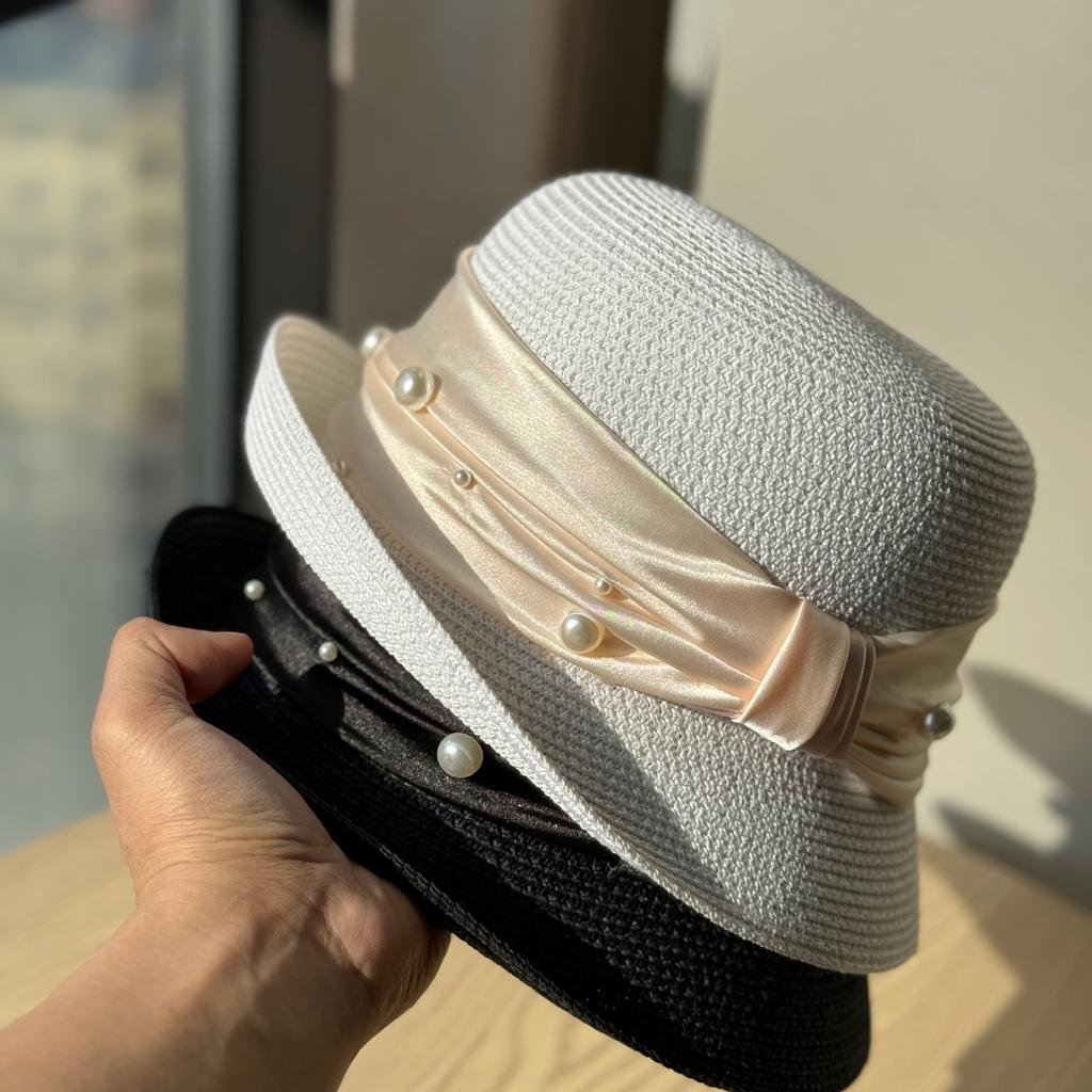 French Pearl Webbing Rolled Up Topper Women's Summer New Beach Seaside Vacation Sun Hat