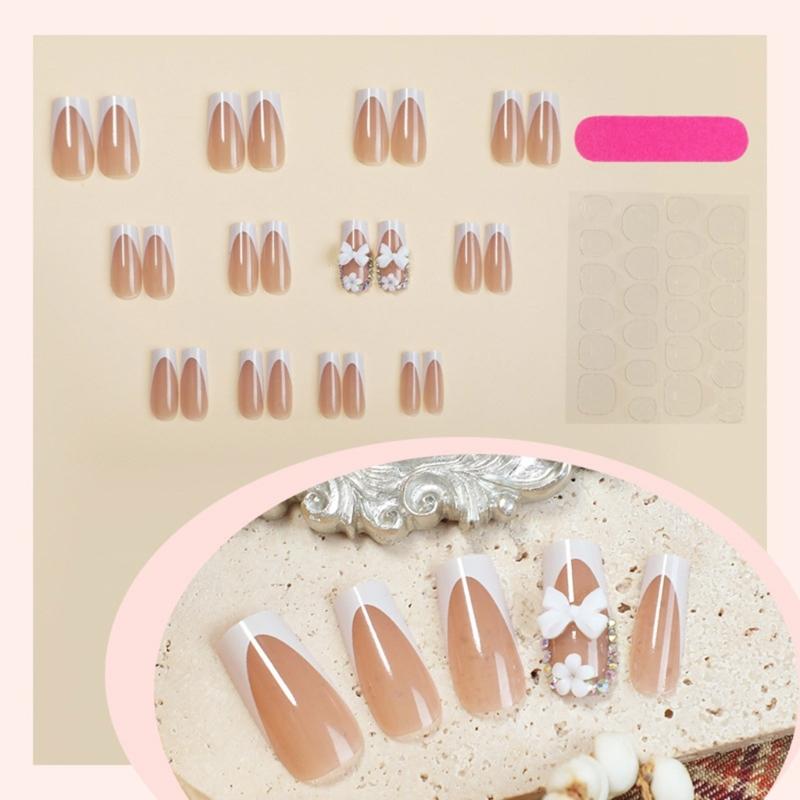 24Pcs Press on Nails Long False Nails White Bows French False Nails Stick on Nail For Parties Weddings And Daily Wear