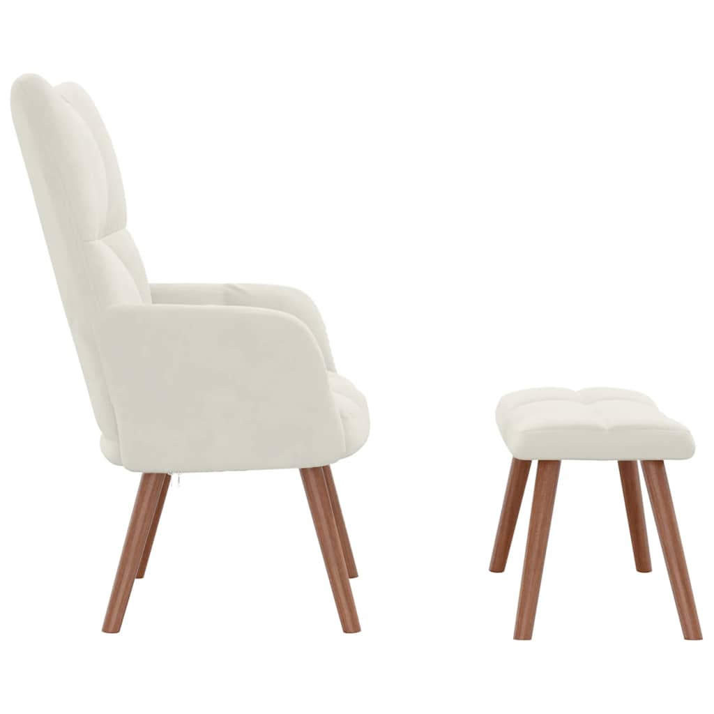 Cream White Velvet Relaxation Armchair with Footstool