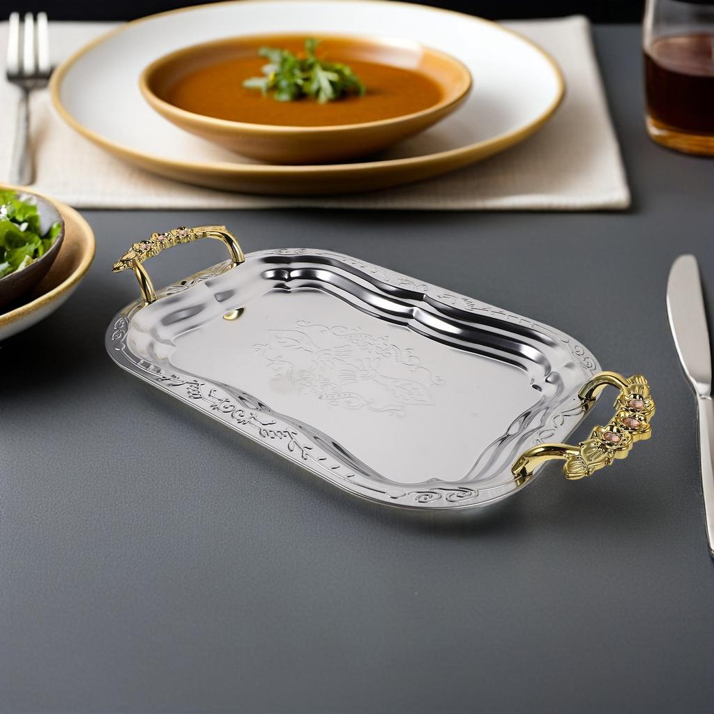 35cm Edelstahl geprägtes Serviertablett Rechteckig Vintage Französischer Stil für Couchtisch Buffet Desserttablett Snack Server