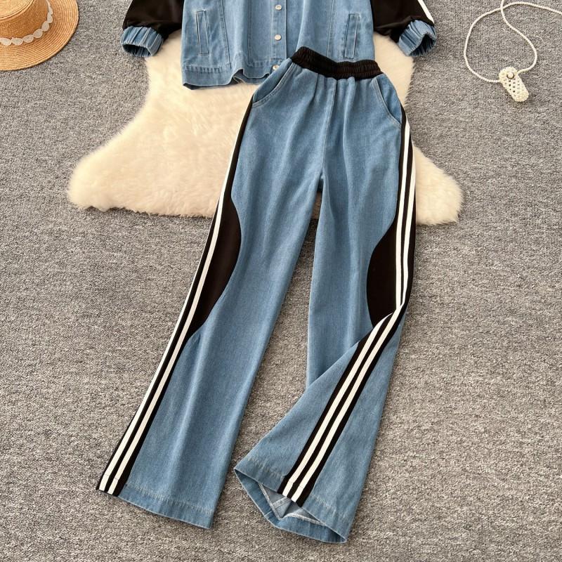 Womens Casual Denim 2-Piece Set Loose Fit Long Sleeve Top High-Waist Straight Pants Vacation Style