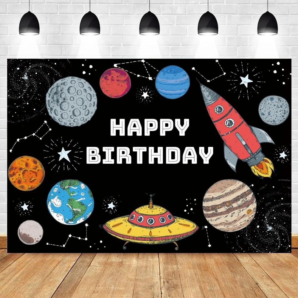 Happy Birthday Party Decor Outer Space Photography Background Custom Astronaut Rocket Galaxy Planet Photo Kids Gift Baby Shower