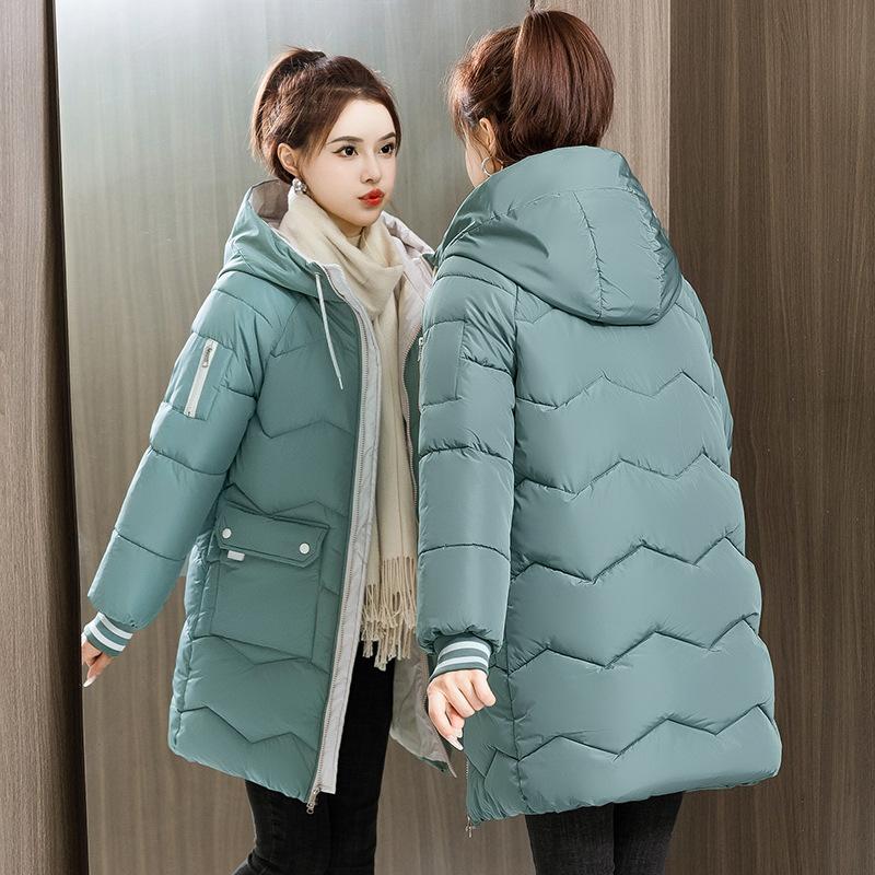 Hooded long women's padded jacket winter loose padded jacket large size thickened down cotton large pocket