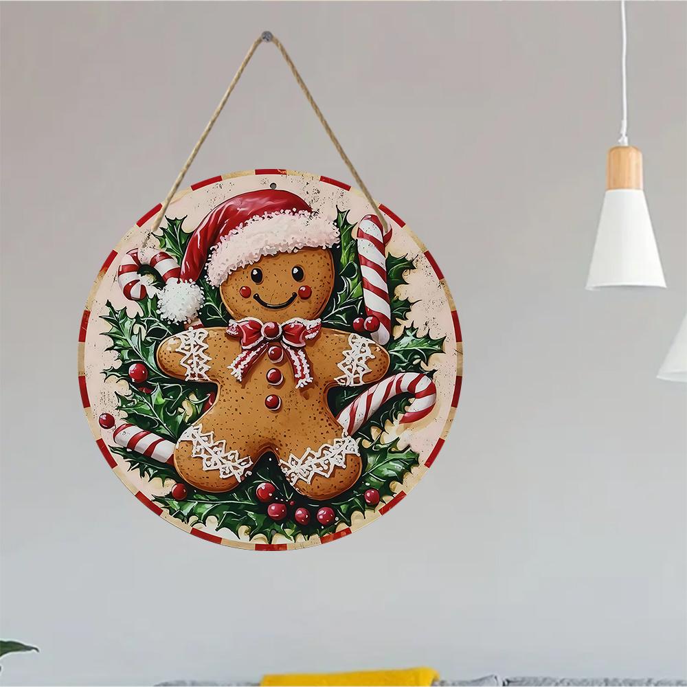 Vintage Gingerbread Man Christmas Round Wooden Hanging Plaque Holiday Wall Decor Front Door Sign Festive Home Ornament Xmas Party Supplies