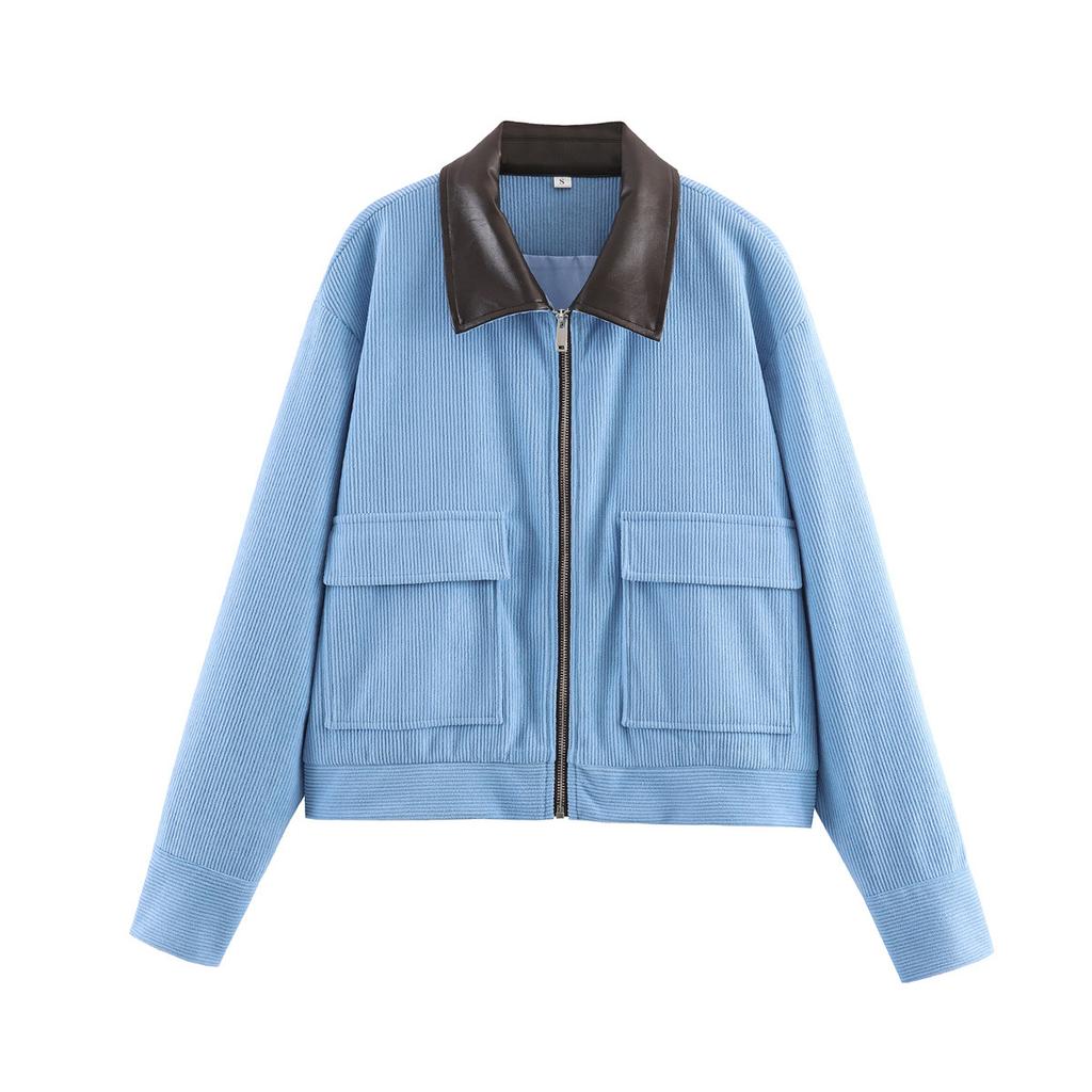 New seven-color corduroy patchwork leather collar jacket 2949024
