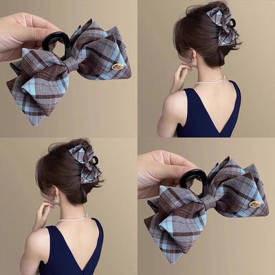 Korean Style School Plaid Fabric Bow Hair Clip For Women Elegant Updo Shark Clip Hair Accessory