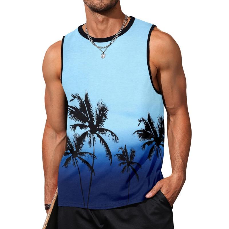 Muscle Man 3D Digital Printed Pattern Tank Top Sleeveless Beach Hawaiian Coconut Tree Tank Top Clothes