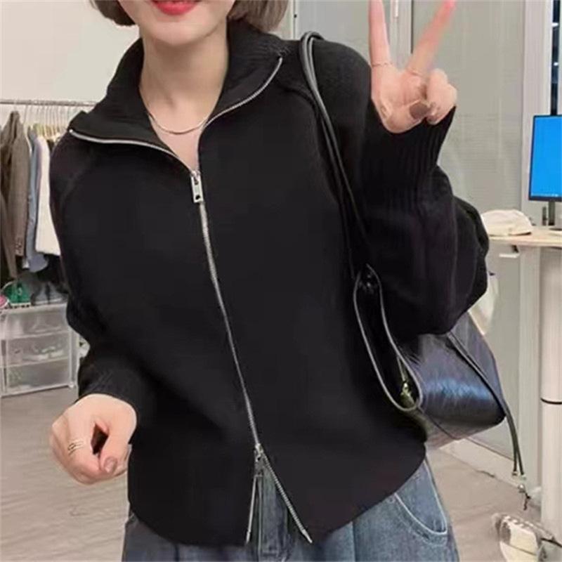 

Синий свитер куртка осень и зима утолщенная молния дизайн Sense длинный рукав вязаный кардиган топы женский удобный универсальный модный One size чёрный