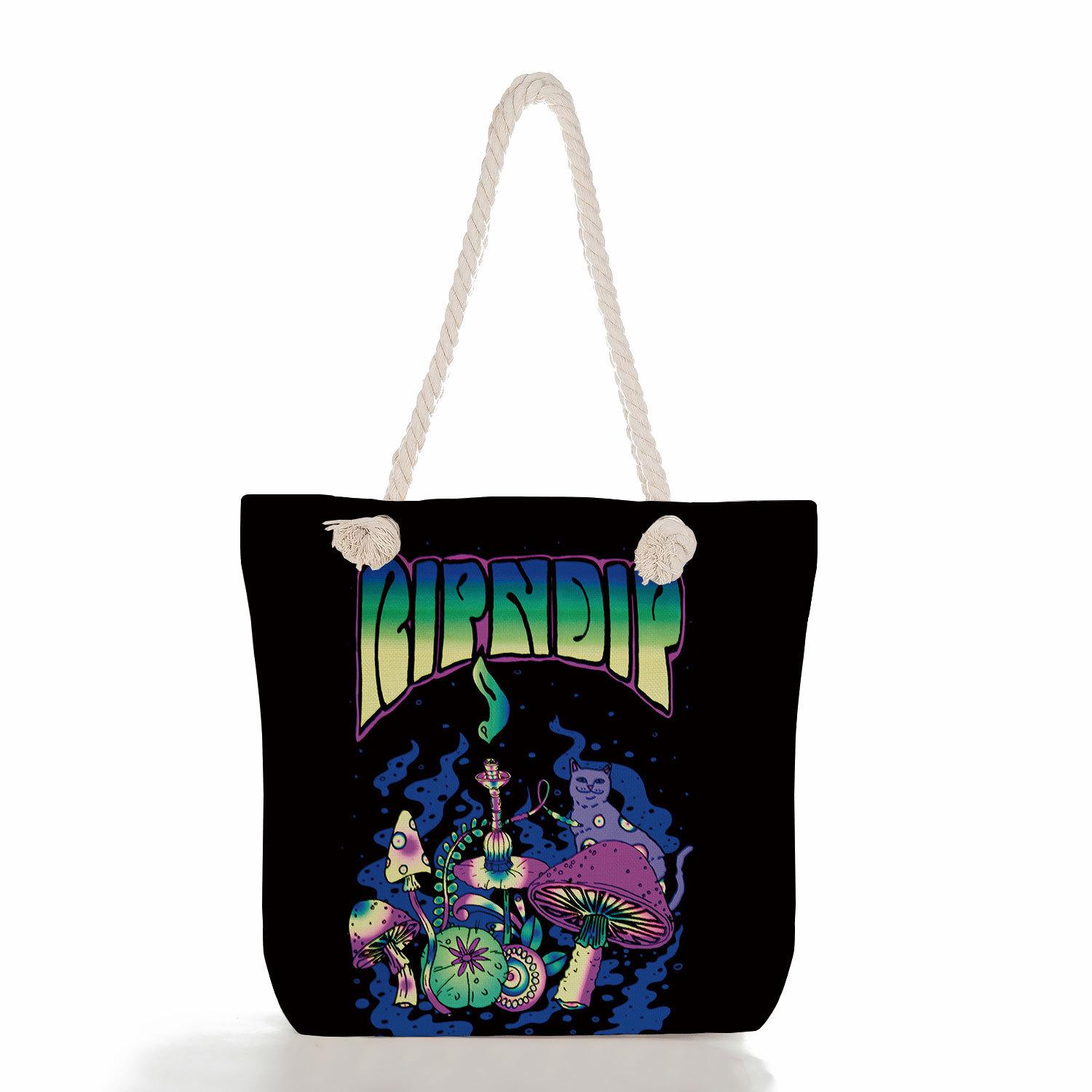 Multifunctional Mushroom Butterfly Printed Thick Rope Shoulder Beach Bag Casual large capacity handbag 7616