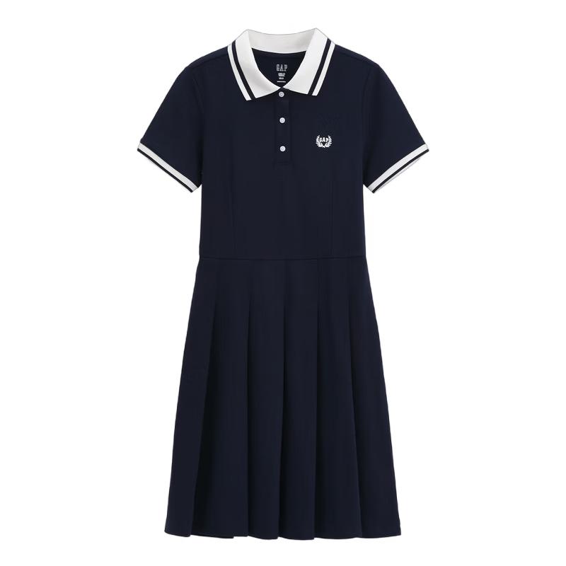 GAP Women's Pleated Logo Contrast Lapel Short Sleeve Dress