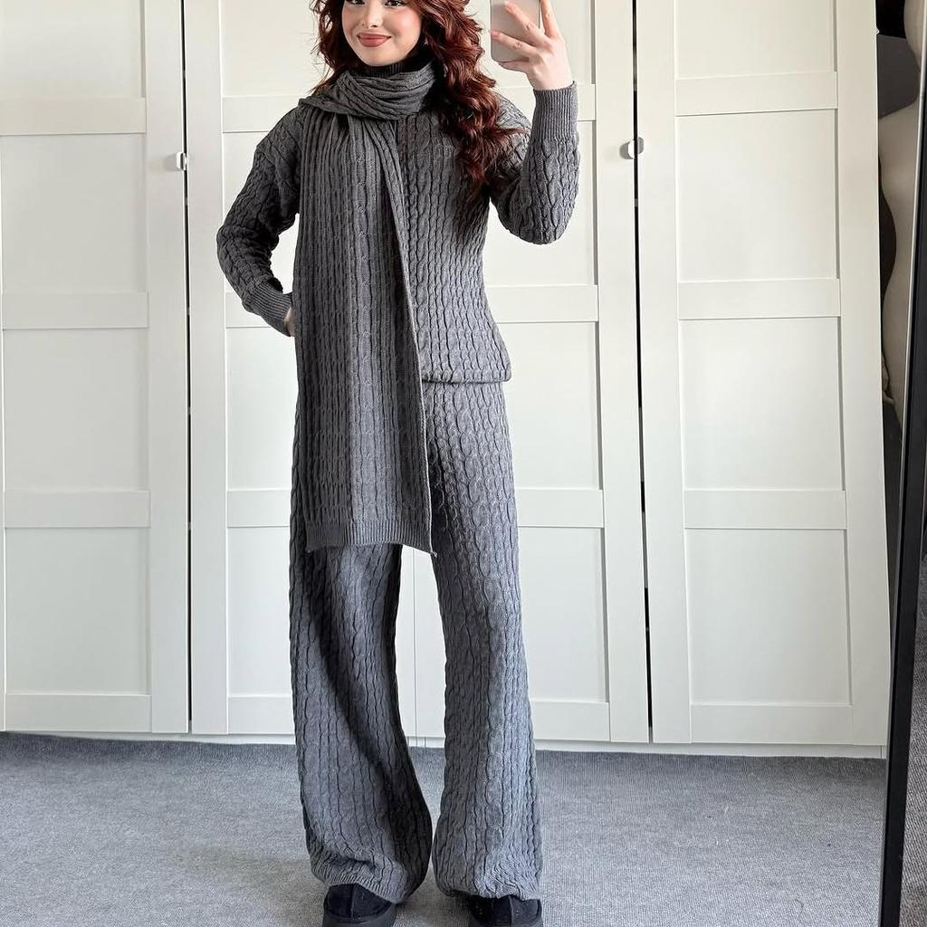 2025 Autumn/Winter High Neck Cozy Scarf-Top Sweater and Long Pants Set