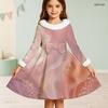 Girls Furry Collar Long Sleeve Bow Decor Printed Dress Dark Green Beige Gold A Line Flared Hem