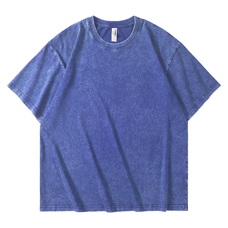 Retro bawełniany T-shirt z efektem sprania, 230g, Prany, Krótki rękaw, Okrągły dekolt, Luźny krój, Wzór płatka śniegu, Męska odzież codzienna