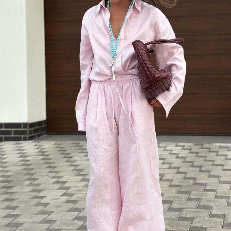 Lazy French Style Loose Pink Set 100% Cotton Casual Shirt Long Sleeve Top Long Pants