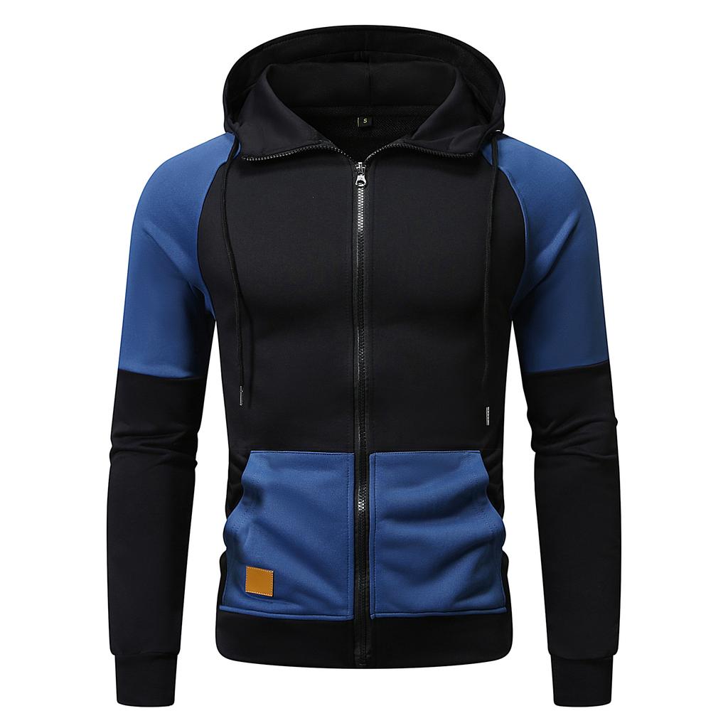 New autumn and winter men's hooded color-blocked sweatshirts, youth sports fashion cardigans, leather sweatshirt jackets