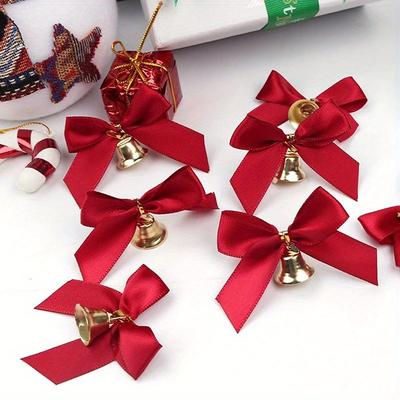 10Pcs Delicate Bowknot Bells Christmas Gift Bows with Small Bells DIY Bows Craft Christmas Tree Decoration Christmas Bow Tie