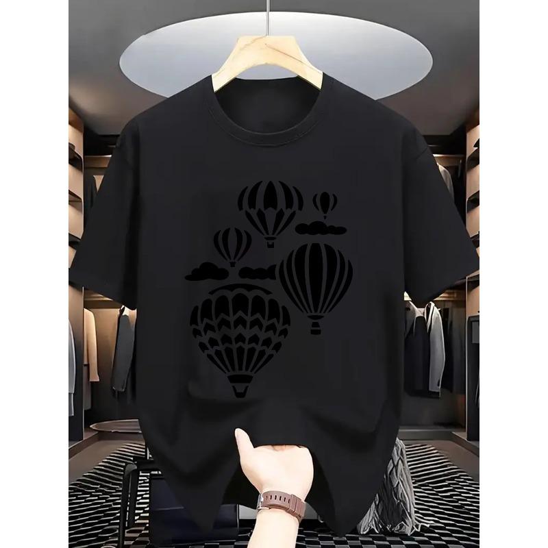 European Size Men'S Summer Casual T-Shirt with Stylish Hot Air Balloon Print, 100% Cotton Crew Neck Short Sleeve Tee, Lightweight & Breathable Fabric